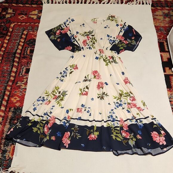 NWOT, Calista navy/ivory floral border surplus tiered midi dress - Picture 4 of 11